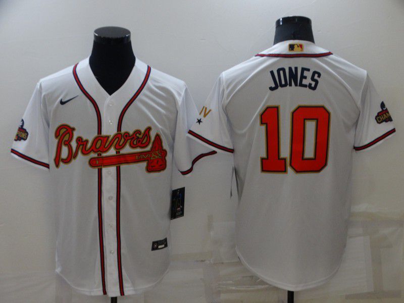 Men Atlanta Braves #10 Jones White Gold Game Nike 2022 MLB Jersey
